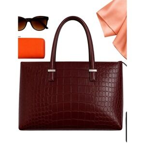 Knomo London Burgundy Croc Embossed Laptop Work Tote Business Travel Bag 18x12x6